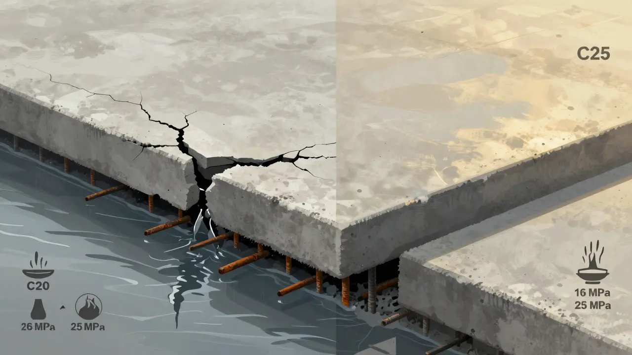 C20 ve C25 betonunun karşılaştırması: çatlaklı vs sağlam yüzey.