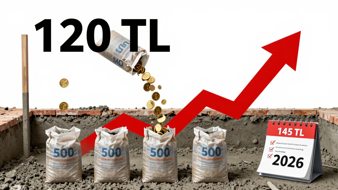 Çimento torbaları madeni paralara dönüşüyor, fiyat artışı ve satın alma ipuçları görsel olarak anlatılıyor.
