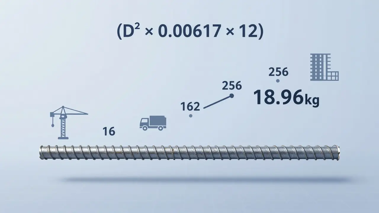 Demir ağırlık formülü ve sayısal dönüşümlerle birlikte 16 mm çaplı bir donatı görseli.