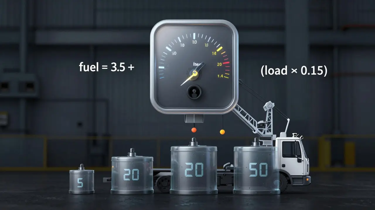 Dijital bir yakıt göstergesi, yük ve çalışma süresine göre saatte litre tüketimini gösteriyor.