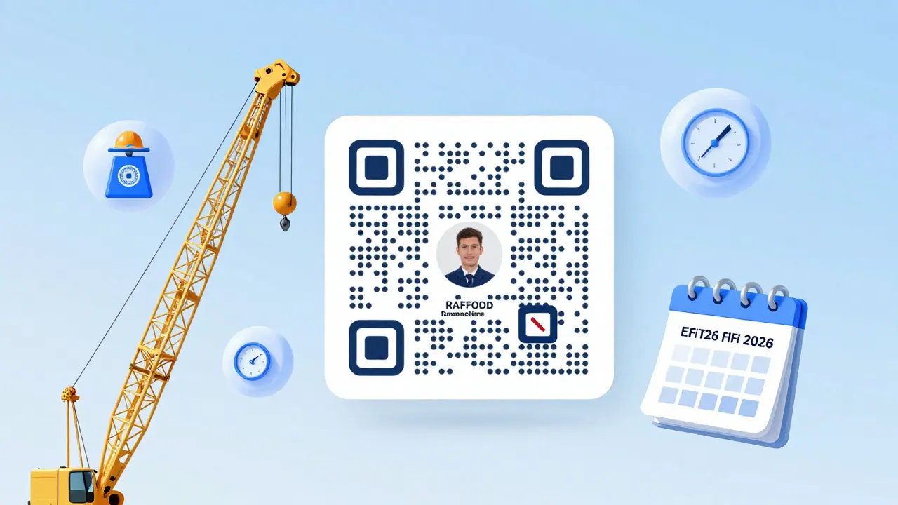 Dijital QR kodlu vinç ehliyeti, operatör bilgilerini gösteriyor.