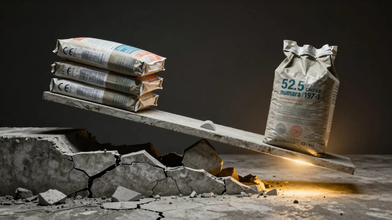 Düşük kaliteli çimentonun çatlamış beton temeli ile kaliteli çimentonun sağlam temeli arasındaki karşılaştırma.