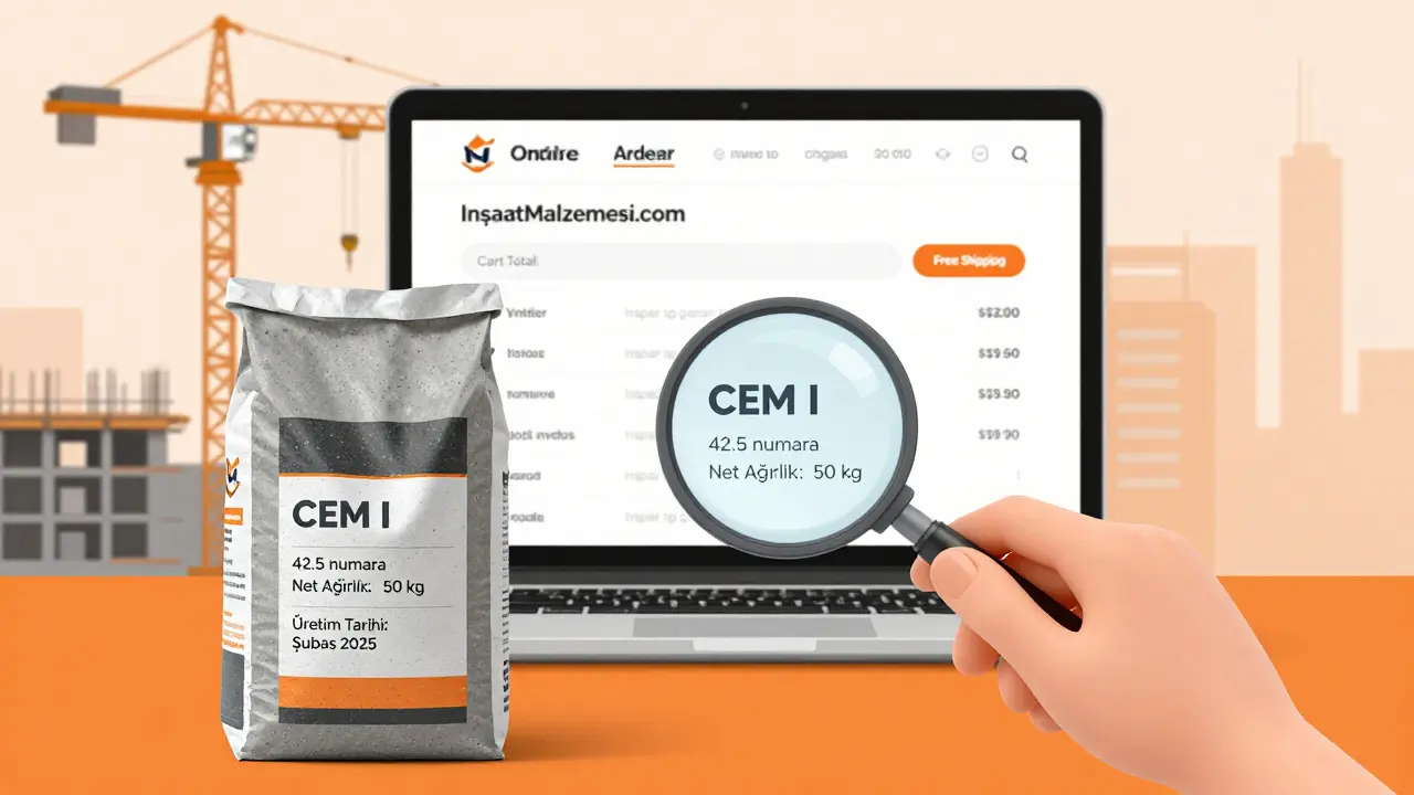 Elde tutulan bir çimento çuvalı üzerinde numara, net ağırlık ve üretim tarihi gösteren dijital bir illüstrasyon.