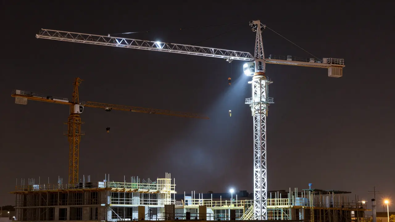 Elektrikli bir kule vinç, Ankara'da gece ışıklarıyla aydınlatılmış, geleneksel dizel vinçlerin yanında.