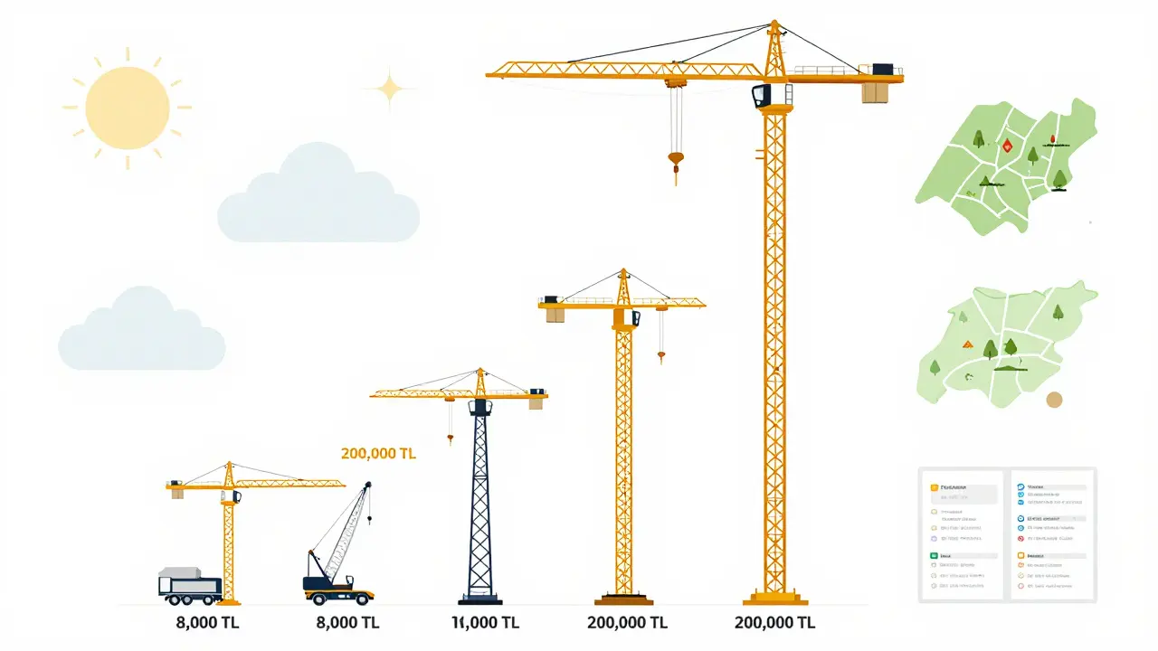 Farklı vinç türlerinin aylık kira fiyatları, bir kran yapısı şeklinde sıralanmış ve Türk lirası ile gösterilmiş.