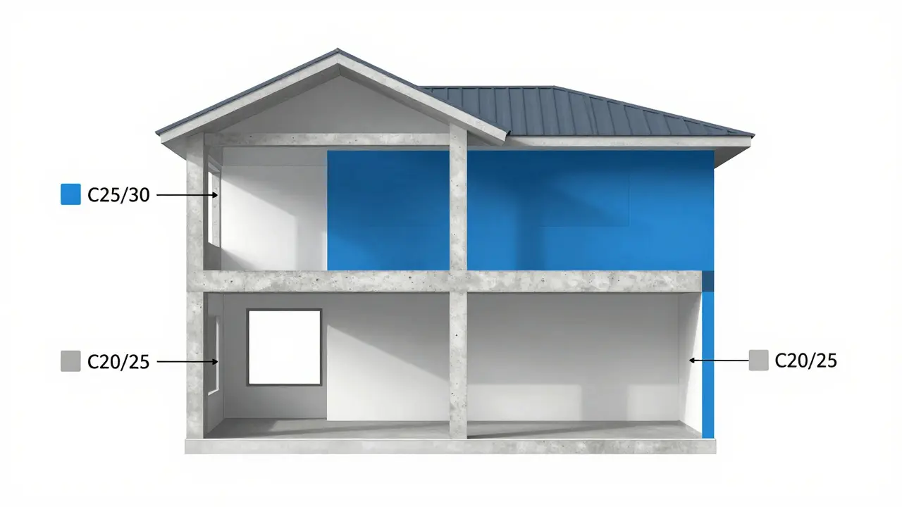 İki katlı bir evin yapısal bileşenlerinde kullanılan beton sınıflarının kesit gösterimi.