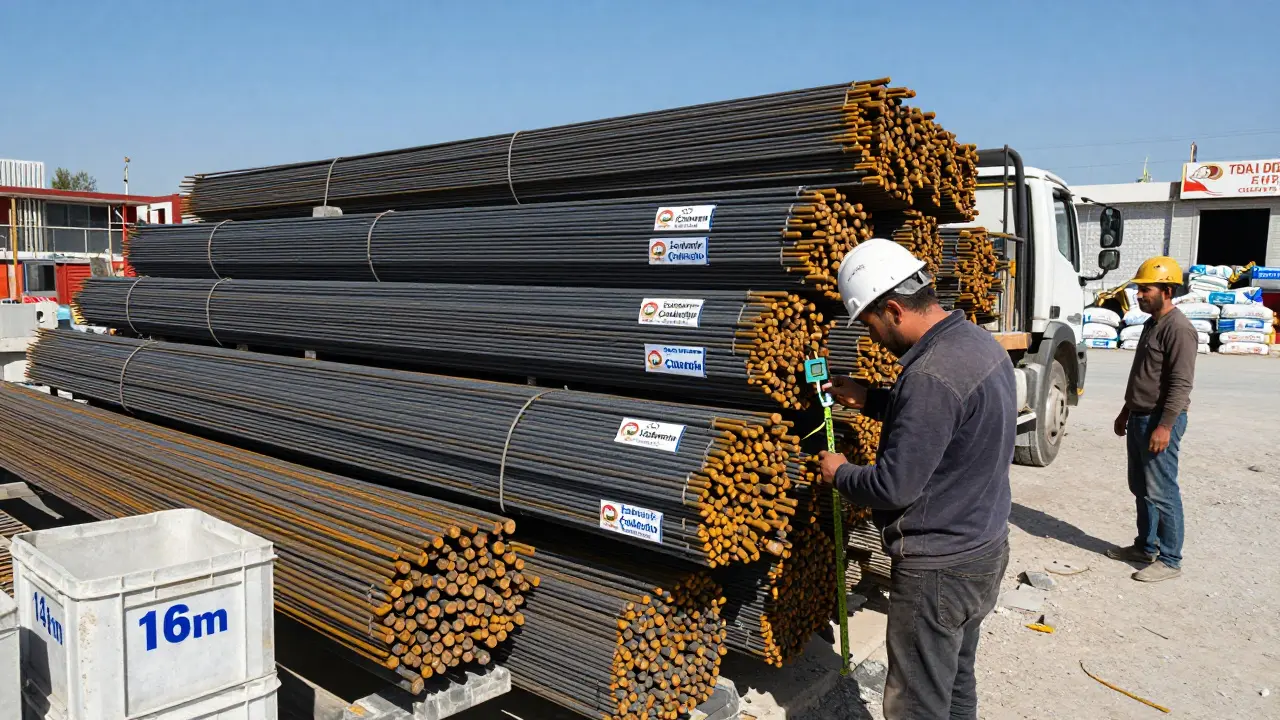 İsdemir ve Çolakoğlu markalı demir çubukları yüklenirken, işçiler çap ölçümü yapıyor, arka planda inşaat malzemeleri.