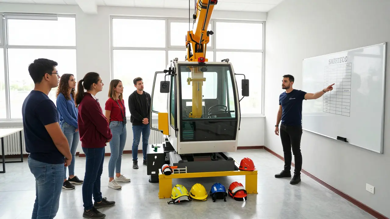 İSGEM eğitim merkezinde öğrenciler vinç simülatöründe pratik yapıyor.