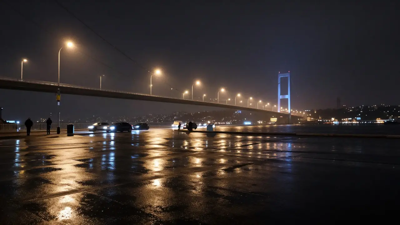 İstanbul'da gece ışıklarında yansıma yapan siyah çimento köprü yüzeyi.