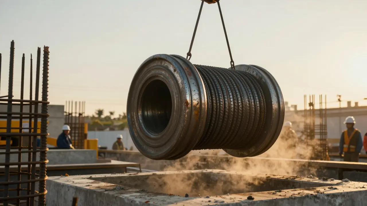 Krans ile kaldırılan 40 mm çaplı donatı ve altındaki beton temel, inşaat işçileriyle birlikte.