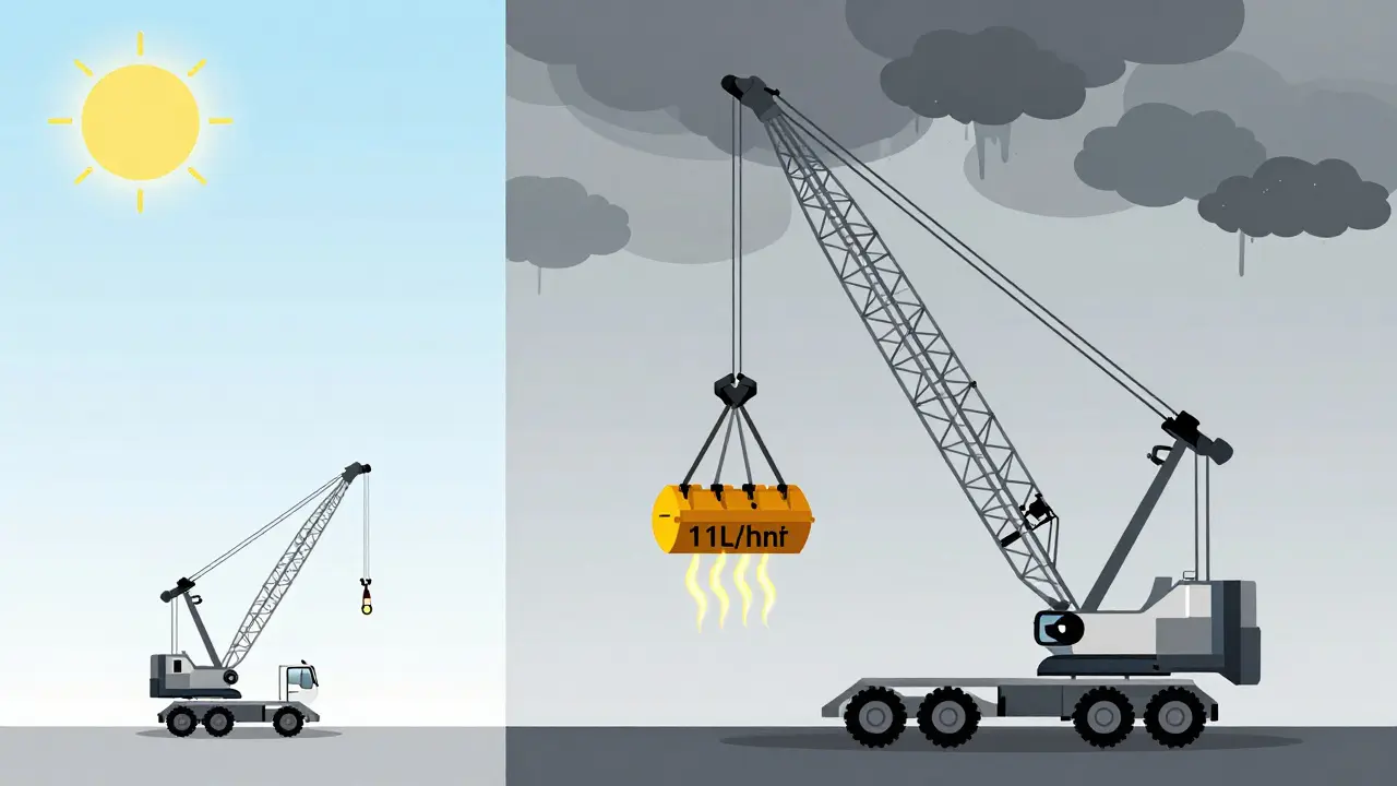 Küçük ve büyük vinçlerin yakıt tüketimi karşılaştırması: yük miktarı yakıt tüketimini belirler.