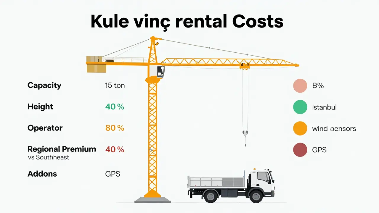 Kule vinç aylık kira fiyatlarını etkileyen faktörlerin görsel tablosu: kapasite, yükseklik, operatör ve bölgesel farklar.