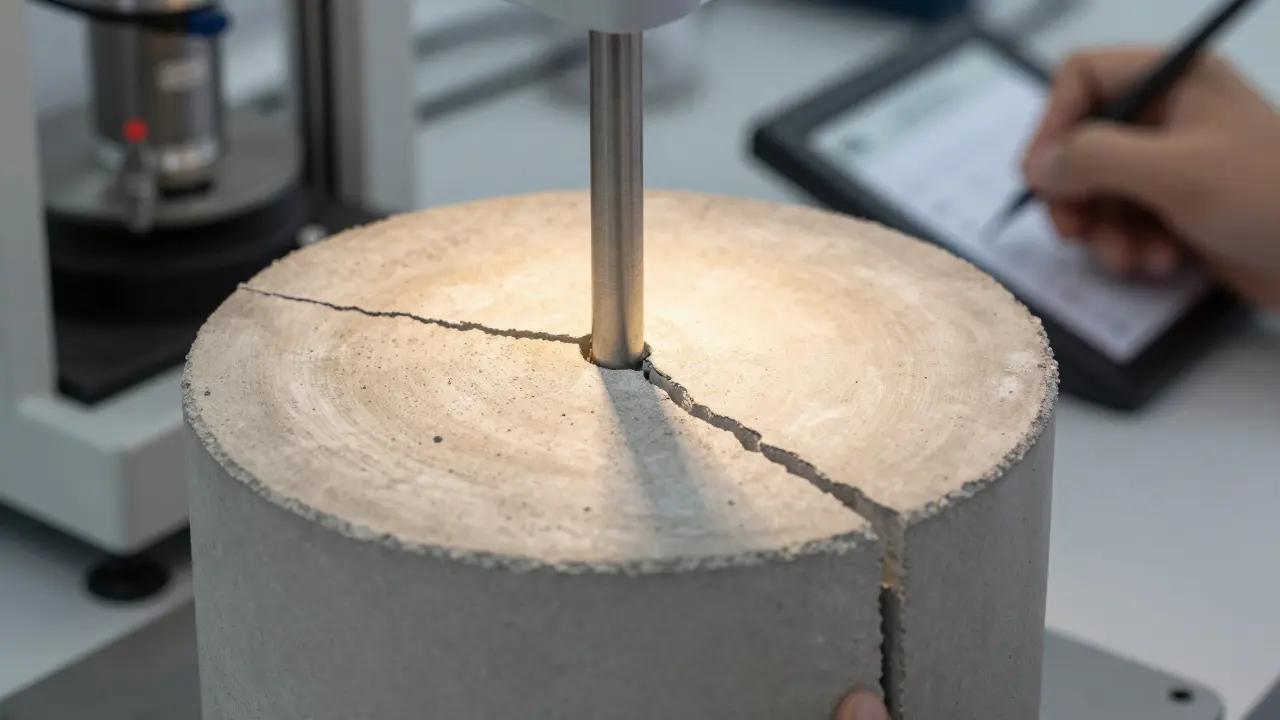 Laboratuvarda C30 beton silindir örneği 30 MPa basınç altında test ediliyor.