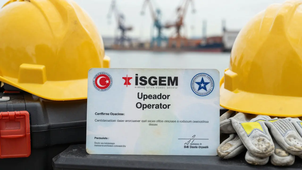 Resmi vinç ehliyeti kartı, güvenlik ekipmanlarıyla birlikte.