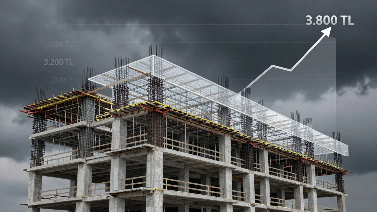 Şeffaf bir yapıda çelik donatı sistemi, kalın ve ince demir çaplarıyla, 2026 fiyat artış grafiğiyle birlikte.