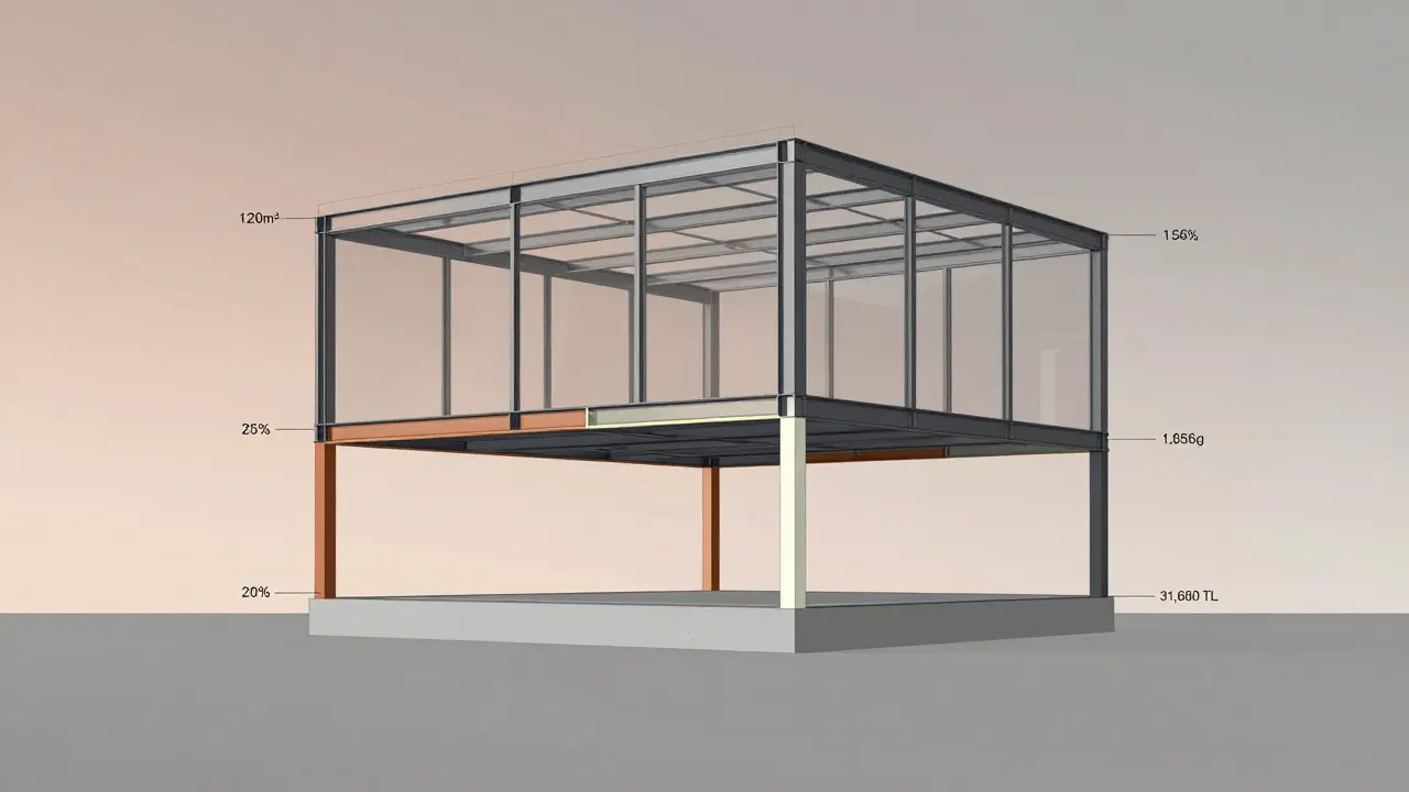 Şeffaf duvarlı bir evin iç yapısı, demir dağılımı renkli ve sayısal olarak gösterilmiş, yapısal bütünlüğü vurgulayan tasarım.