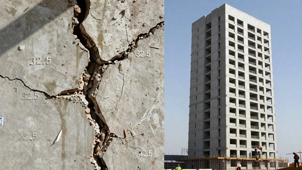 Sol: 32,5 çimento ile çatlamış yapı, sağ: 42,5 çimento ile sağlam yüksek bina