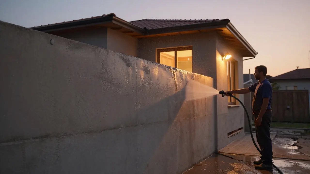 Tamamlanan bir evin beton duvarı üzerine su dökülüyor, nemli yüzey ışıldıyor.