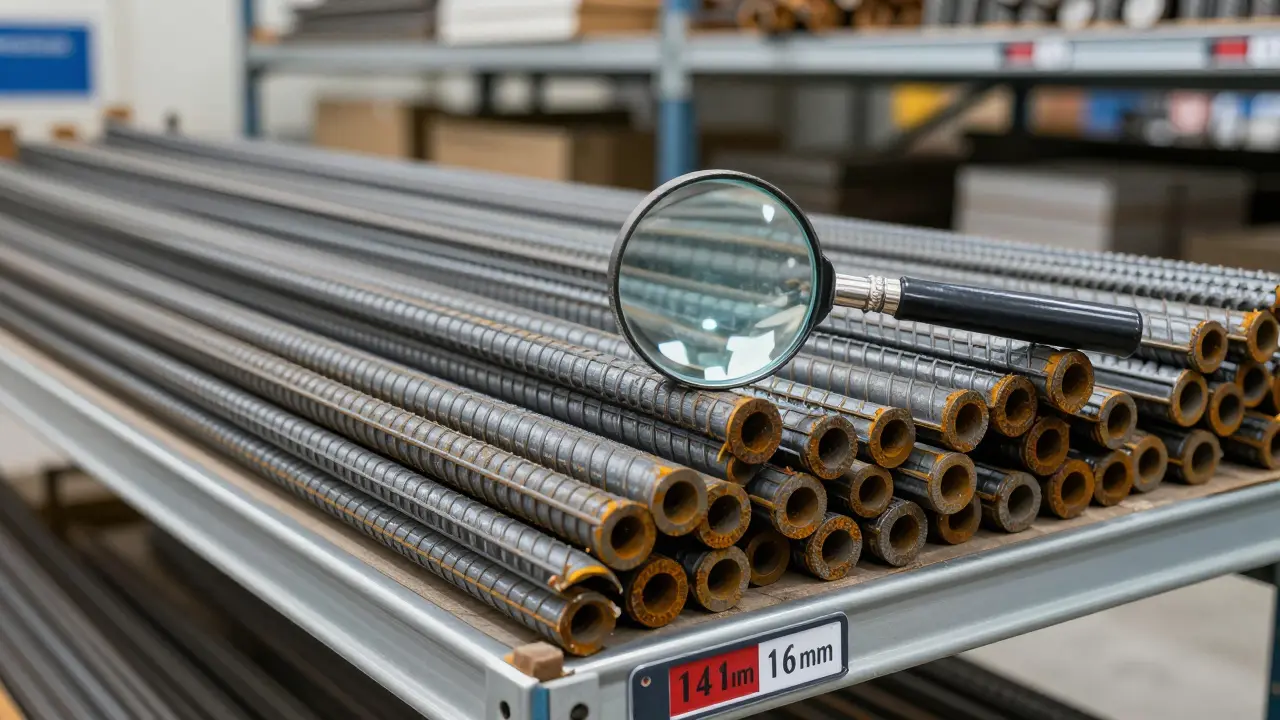 TSE sertifikalı 14 mm ve 16 mm çelik donatı çubuklarının pürüzsüz yüzeyleri yakından gösteriliyor.