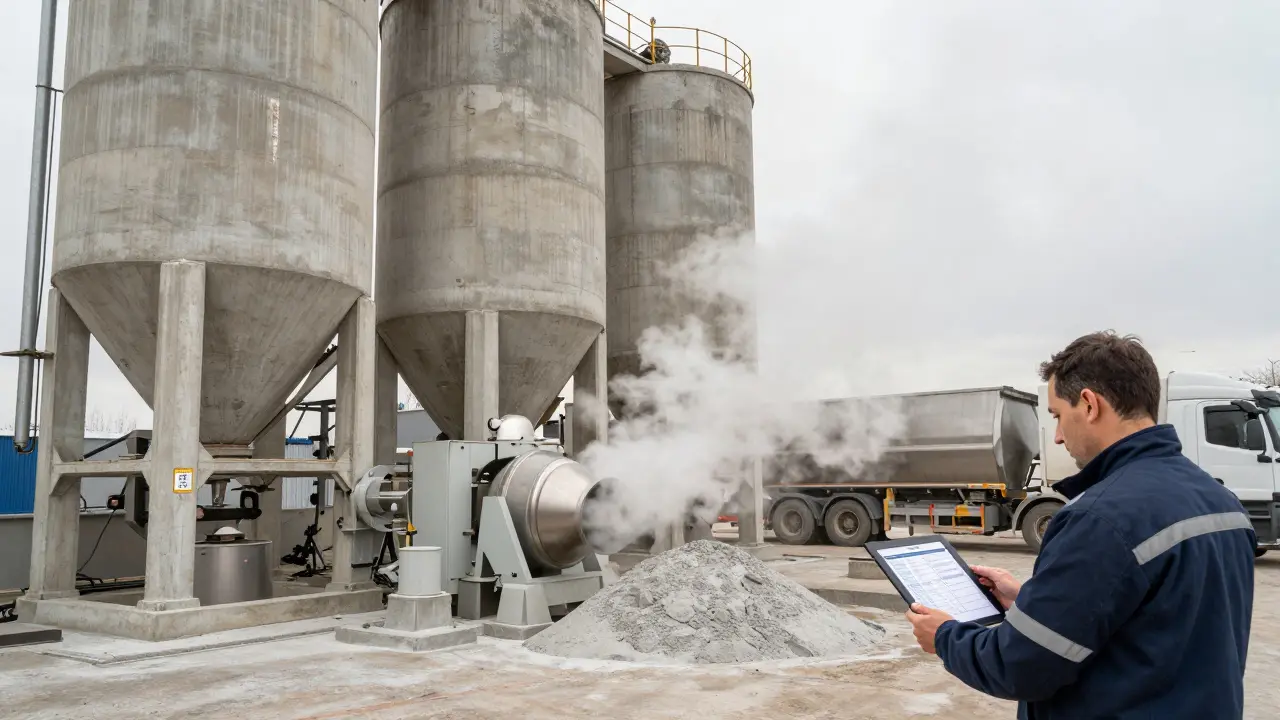 Türkiye'de modern bir beton santrali, silolar ve karıştırma sistemleriyle.