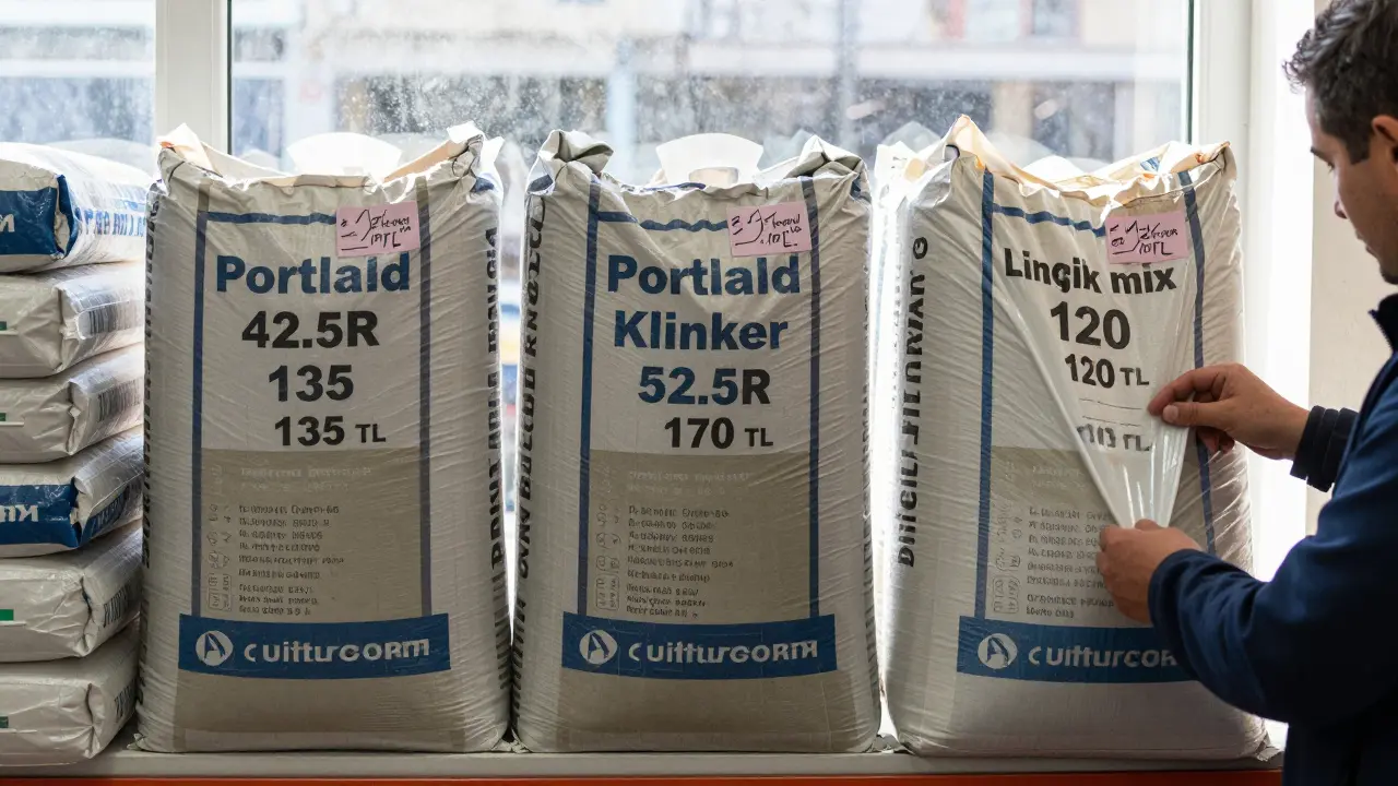 Üç farklı çimento türü, üretim tarihleriyle birlikte bir Türk malzeme dükkanında sergileniyor.