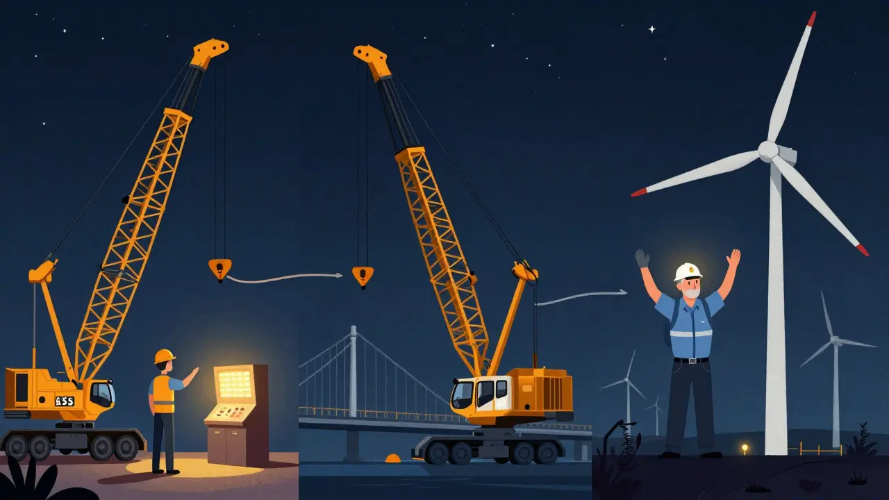 Vinç operatörü kariyer yolculuğu: başlangıç, deneyim ve uzmanlık aşamaları üç sahneyle gösteriliyor.