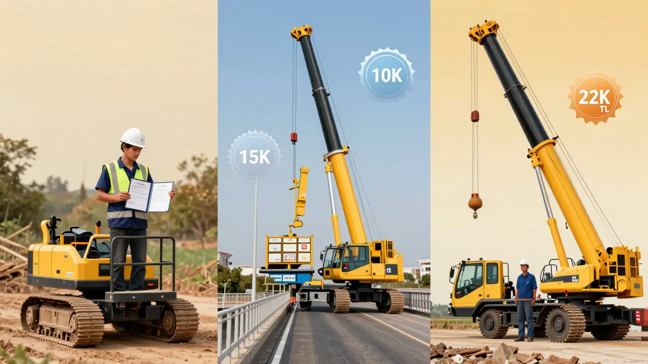 Vinç operatörünün kariyer yolculuğu: yeni başlayan, deneyimli ve kendi işini açmış versiyonları yan yana gösteriliyor.