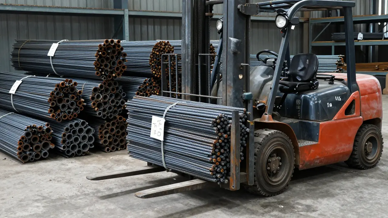 Yaklaşık 5 ton ağırlığında bir demir balyası, forklift ile taşınırken, diğer daha küçük demir balyaları etrafında.