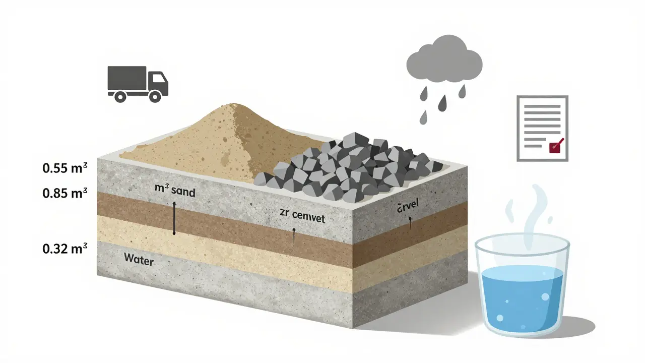 1 metreküp betonun bileşenlerinin kesit gösterimi: kum, çakıl, çimento ve suyun oranları renkli olarak gösteriliyor.