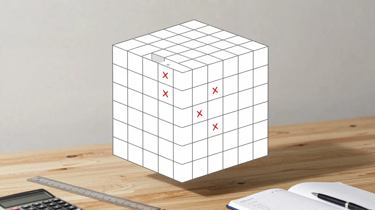 1 metreküp hacimde 50 kereste bloğu, paketleme boşlukları ve ölçümlerle gösteriliyor.