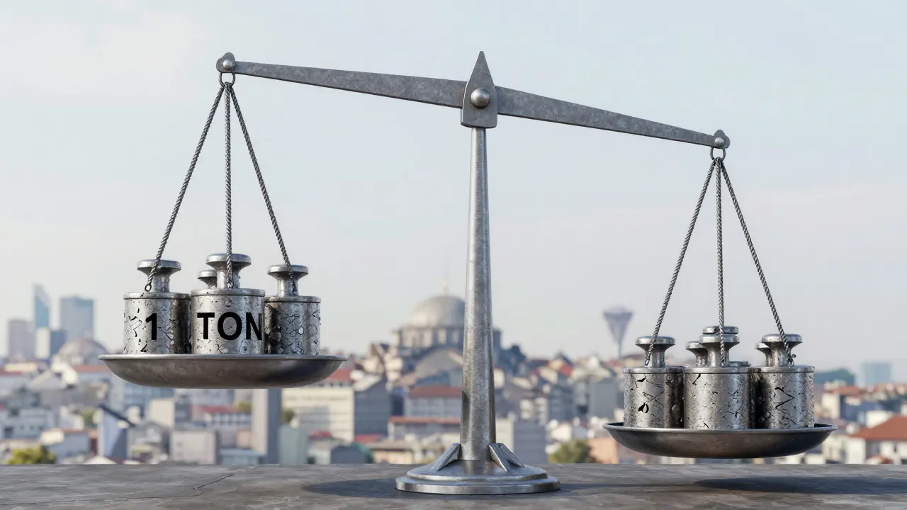 1 ton çelik demir ile 1000 kg ağırlık dengesini gösteren kavramsal bir görsel.