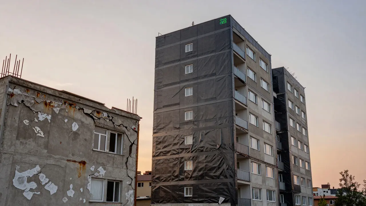 1980'lerde inşa edilmiş bir bina, karbon fiber ve çelik levhalarla güçlendirilmişken, yanındaki 2012 yılındaki bina çatlaklarla ve pasla dolu.