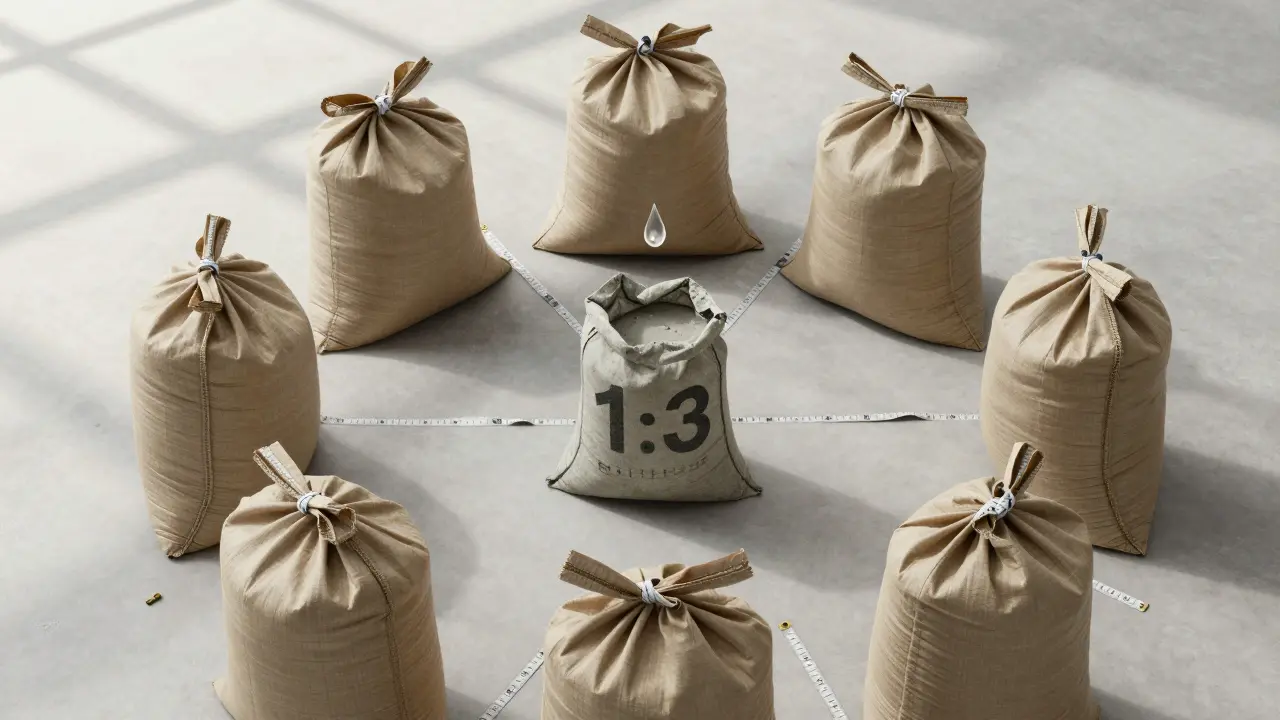 50 kg çimento etrafında 150 kg kum çuvalları ve su damlası.