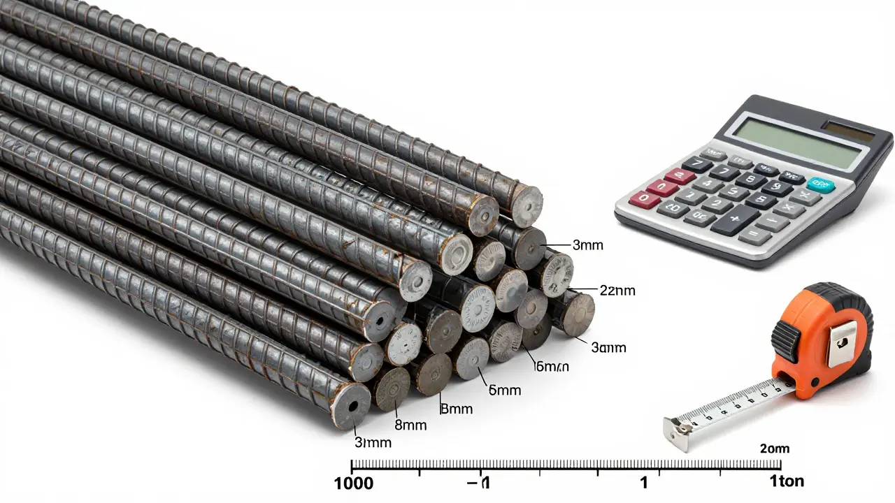 8 mm'den 32 mm'ye kadar çaplı çelik demirler ve metre başına ağırlık değerleri.