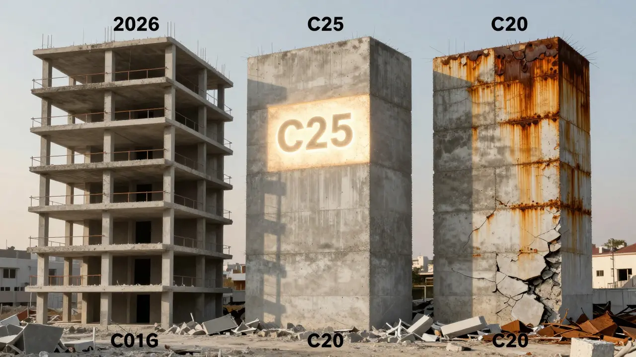 Beş katlı bir binanın 50 yıllık dayanıklılık karşılaştırması: kaliteli beton korunurken düşük kaliteli malzemeler zamanla çöker.