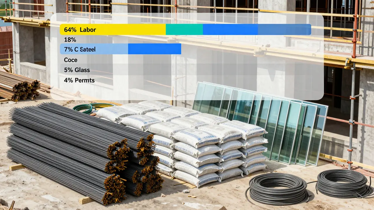 Beş katlı bir binanın inşaat maliyetlerini görsel olarak gösteren malzeme yığınları: demir, çimento, cam ve elektrik tesisatı.