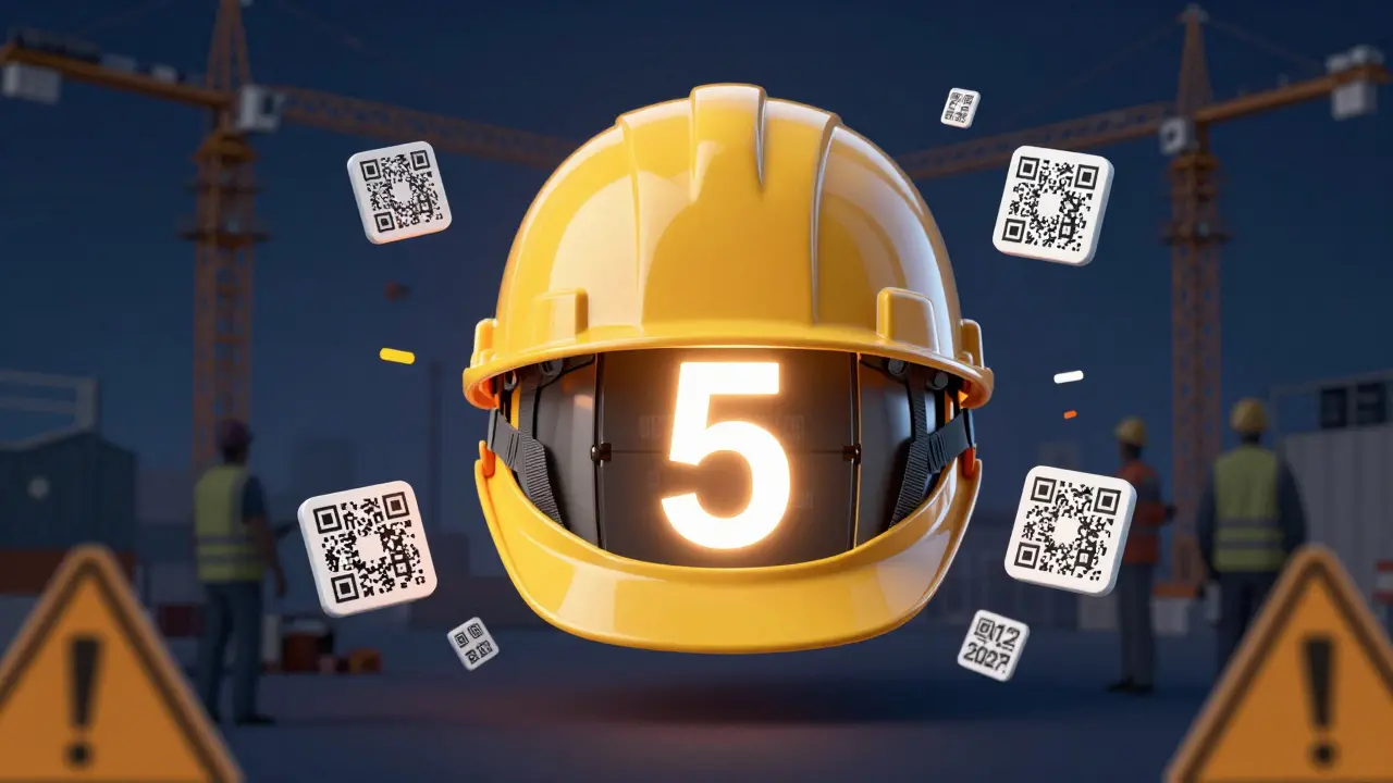 Beş yıllık geçerlilik süresi ve dijital sertifika sistemi simgesiyle bir güvenlik kaskı.