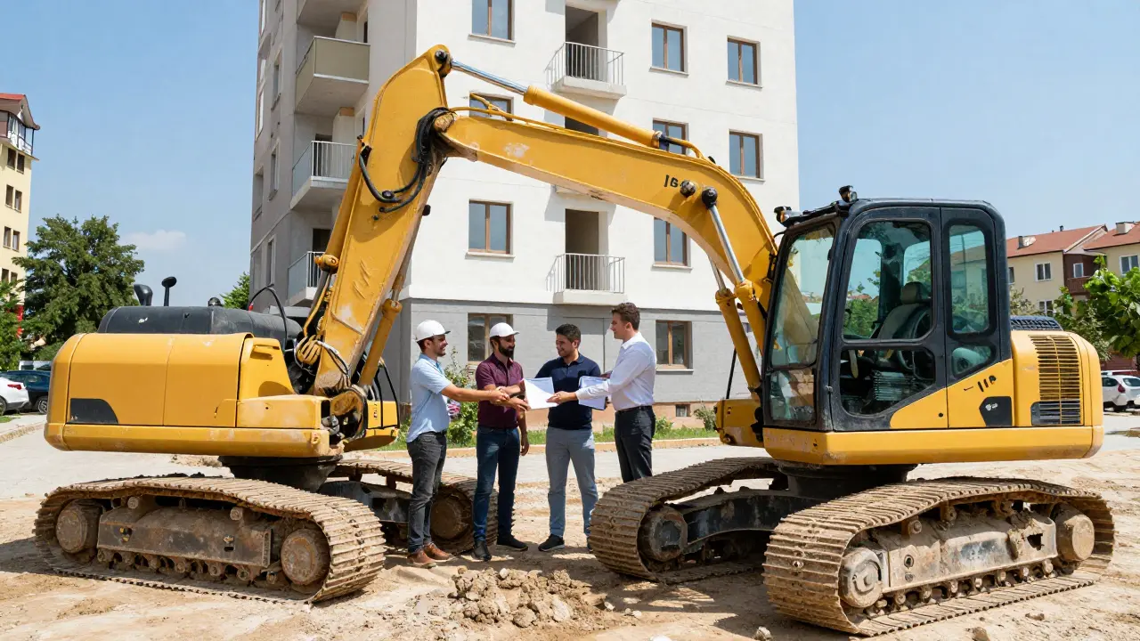 Bir inşaat ekibi, erken teslim edilen bir apartman binasıyla müşterileri kutluyor ve arka planda kiralık kepçe görülüyor.