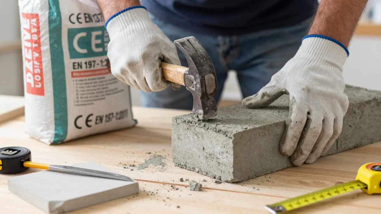 Bir inşaatçı, beyaz çimento ve alçı torbalarının CE sertifikalarını inceleyip sertleşme testi yapıyor.