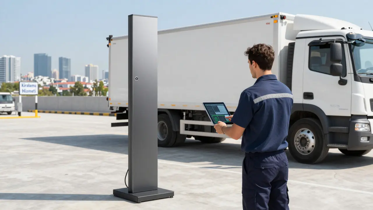 Bir teknisyen, kiralık bir kule vinçte önceden kullanım kontrolleri yapıyor.