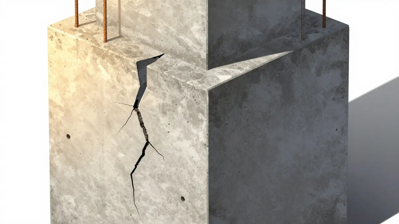 C30 betonun iç yapısı: bir tarafı sağlam ve yoğun, diğer tarafı su/çimento oranının yüksek olmasından dolayı çatlaklarla dolu.