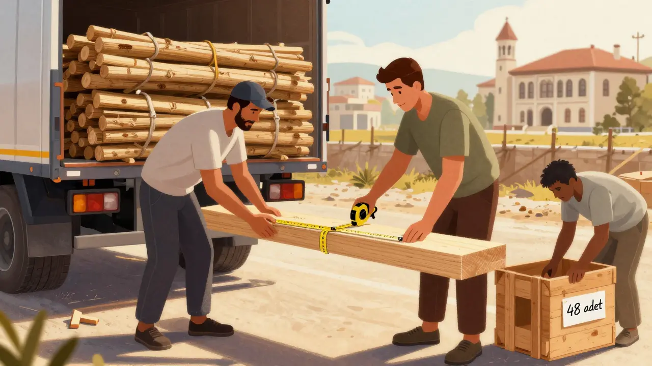 Çalışanlar Türkiye'de 5x10 cm keresteleri yükü çıkarırken ölçüm yapıyor.