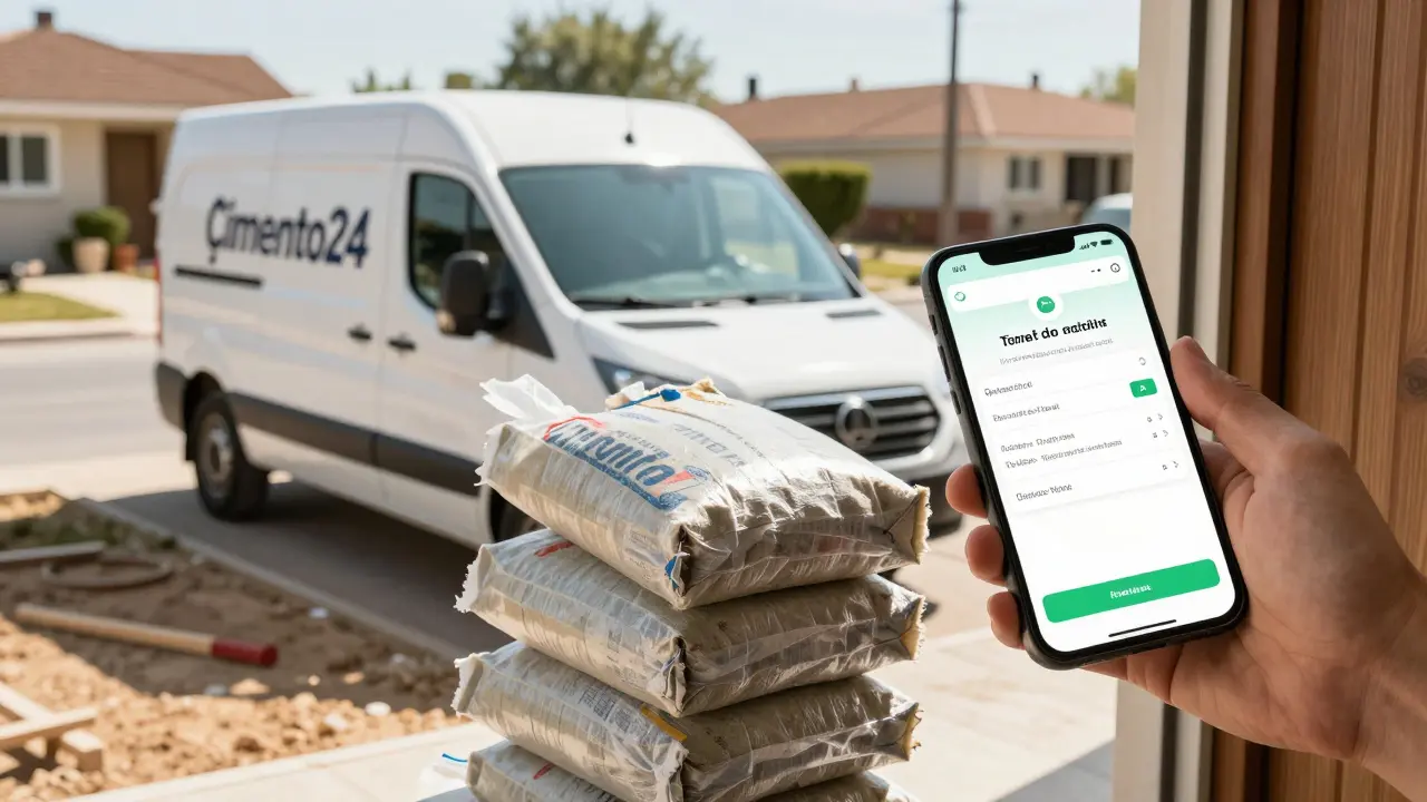 Çimento24 kargo aracı kapının önünde, ev sahibine iki çimento torbasını teslim ediyor.