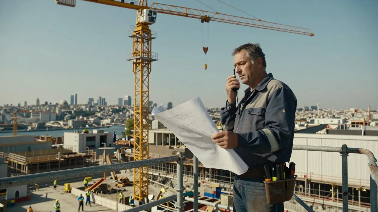 Deneyimli bir kule görevlisi, metro projesinde mühendislerle iletişim kurarken kafasında emniyet kemeri var.