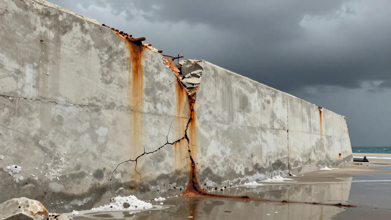 Deniz kıyısındaki beton duvarda çatlaklar, pas izleri ve su sızıntıları görülüyor.