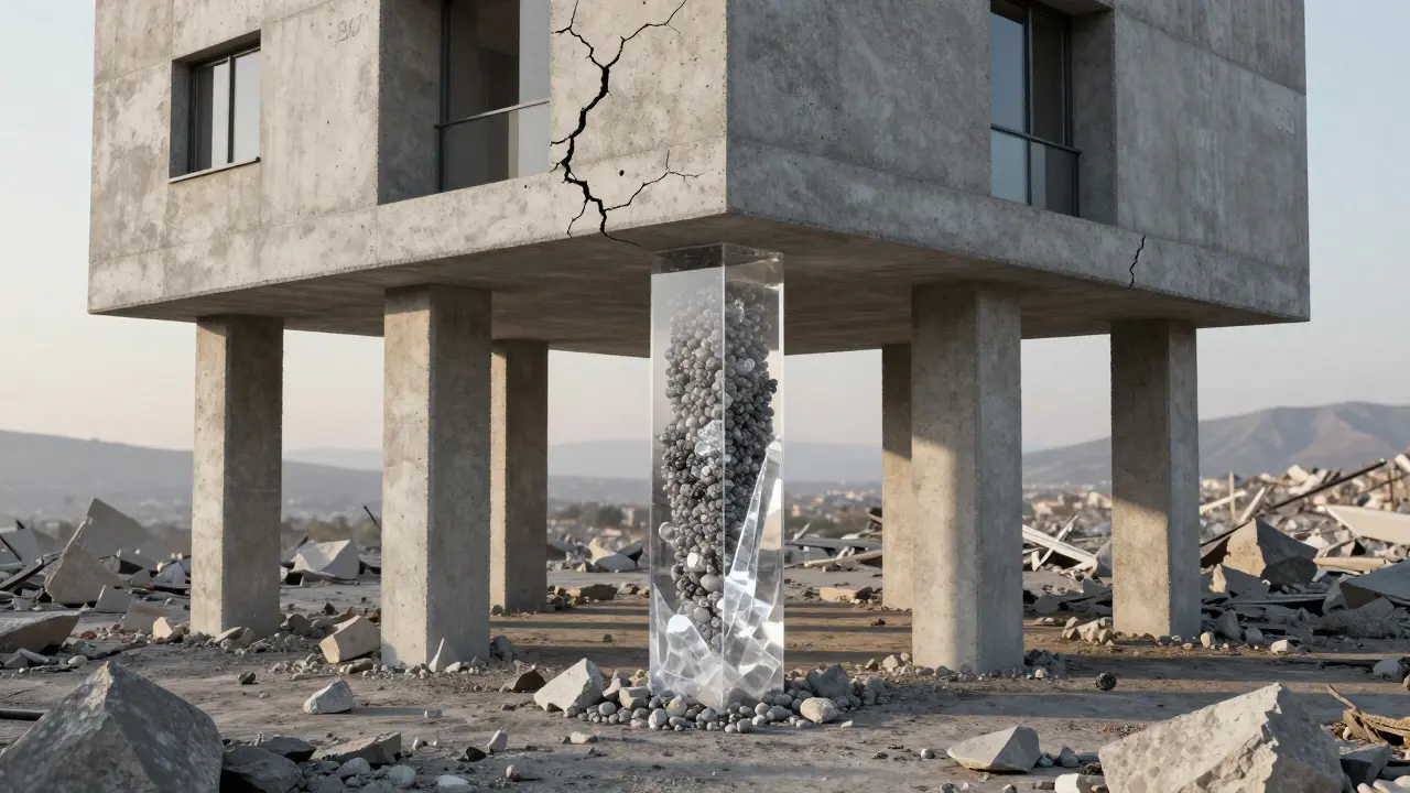 Deprem bölgesine yapılmış bir konutun temeli, şeffaf C80 beton sütunlarıyla iç yapı gösteriliyor.