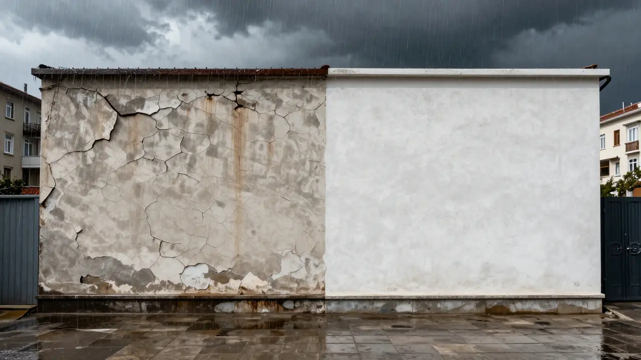 Dış duvarlarda alçının yağmurda çatladığı ve beyaz çimentonun sağlam kaldığı karşılaştırmalı sahne.