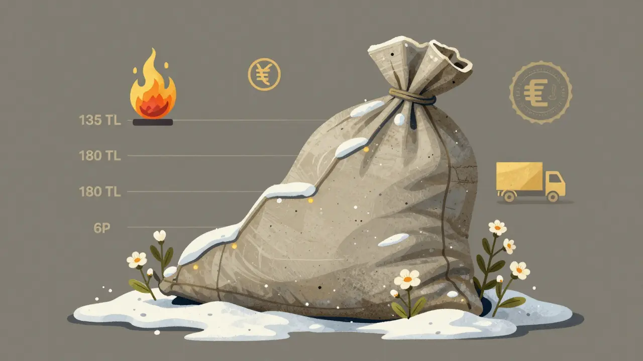 Döviz, enerji ve lojistik faktörleriyle etkilenen çimento fiyatı mevsimsel değişim grafiği, çimento torbası şeklinde.