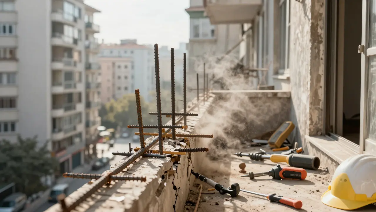 Eski bir balkonun üzerine yeni 12 mm çelik donatı ekleniyor, onarım çalışması sırasında.