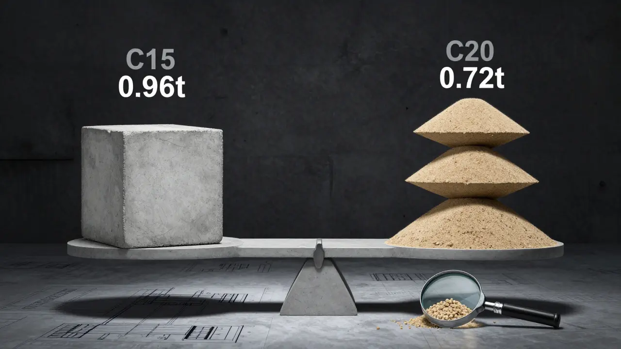 Farklı beton sınıflarına göre kum ağırlıklarını karşılaştıran bir denge terazisi, C15, C20 ve C30 etiketleriyle.
